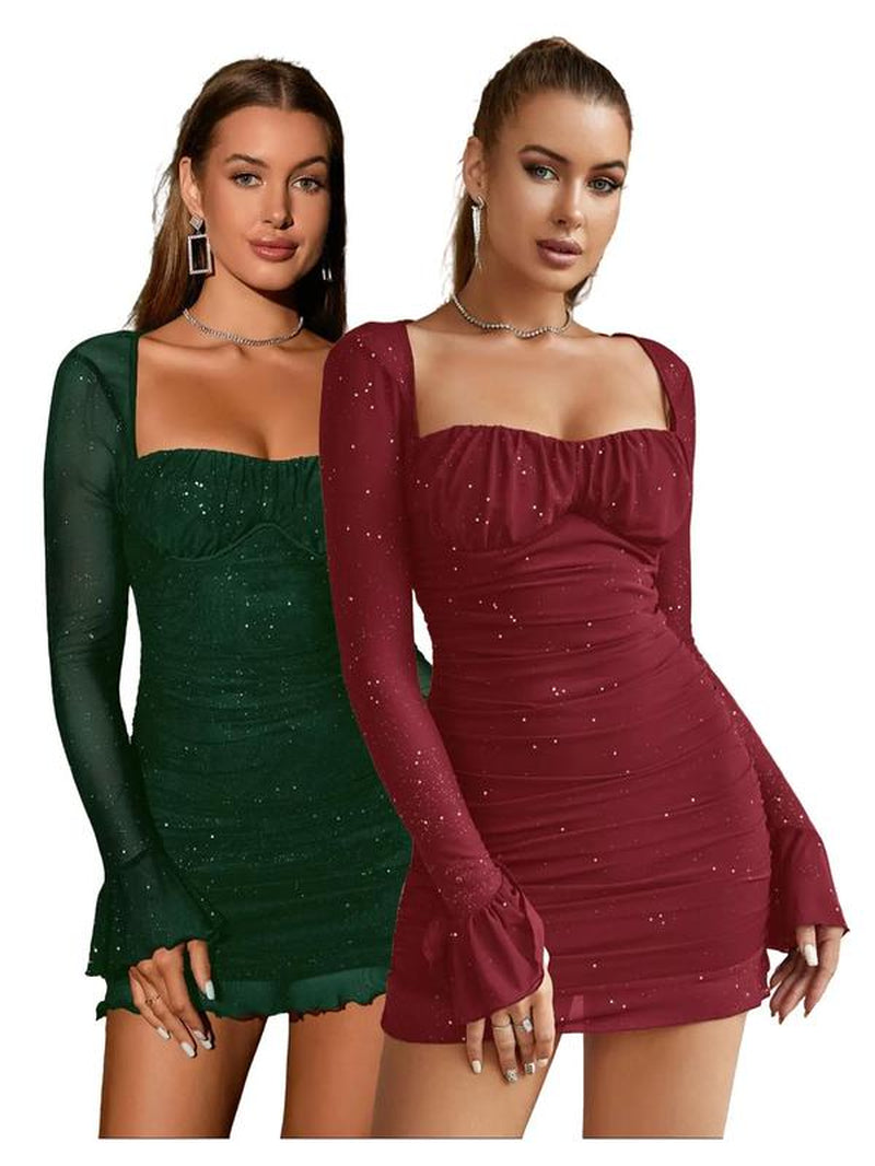 Women'S Glitter Contrast Mesh Long Sleeve Ruched Mini Bodycon Dress, Lady Comfort Casual Elegant Square Neck Lettuce Trim Tight Dresses for Party Dinner Holiday, Party Dress, Birthday Dress for Women Casual